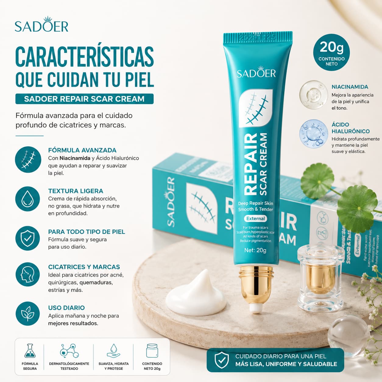 SADOER SCAR REPAIR™ 20G – TRATAMIENTO REPARADOR PROFUNDO PARA CICATRICES ✨💧 PIEL MÁS LISA Y UNIFORME