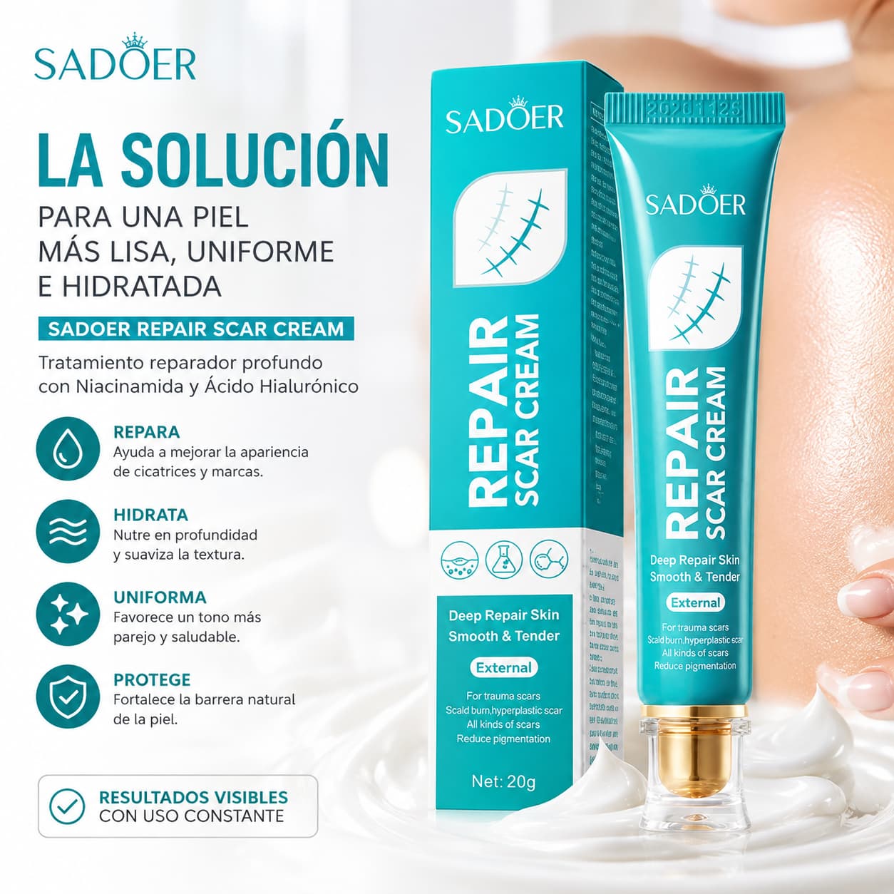 SADOER SCAR REPAIR™ 20G – TRATAMIENTO REPARADOR PROFUNDO PARA CICATRICES ✨💧 PIEL MÁS LISA Y UNIFORME