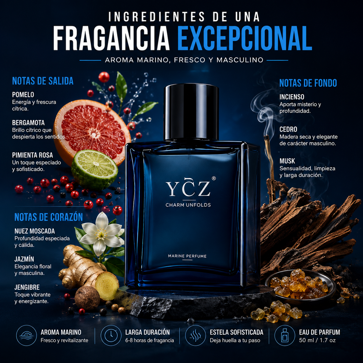 🌊🔥 YCZ CHARM UNFOLDS MARINE 50ML – EL AROMA MASCULINO QUE DEJA HUELLA TODO EL DÍA 😎✨