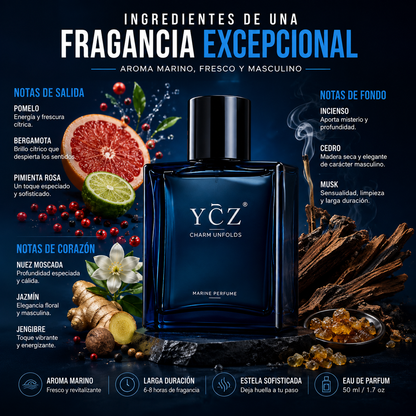 🌊🔥 YCZ CHARM UNFOLDS MARINE 50ML – EL AROMA MASCULINO QUE DEJA HUELLA TODO EL DÍA 😎✨