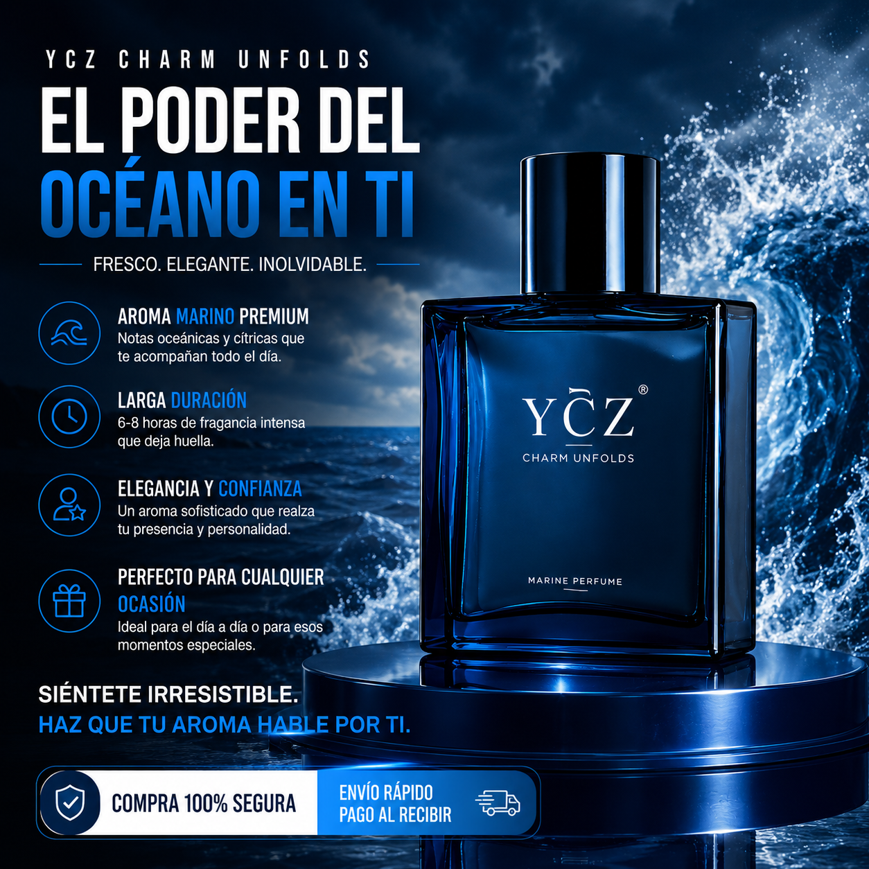 🌊🔥 YCZ CHARM UNFOLDS MARINE 50ML – EL AROMA MASCULINO QUE DEJA HUELLA TODO EL DÍA 😎✨
